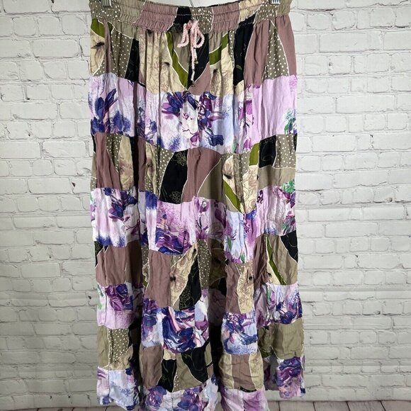 Vintage Flower Brand Pattern Drawstring Waist Tiered Flowy Skirt India Made O/S - Picture 1 of 8